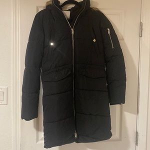 Black long puffy jacket with removable fur on hood